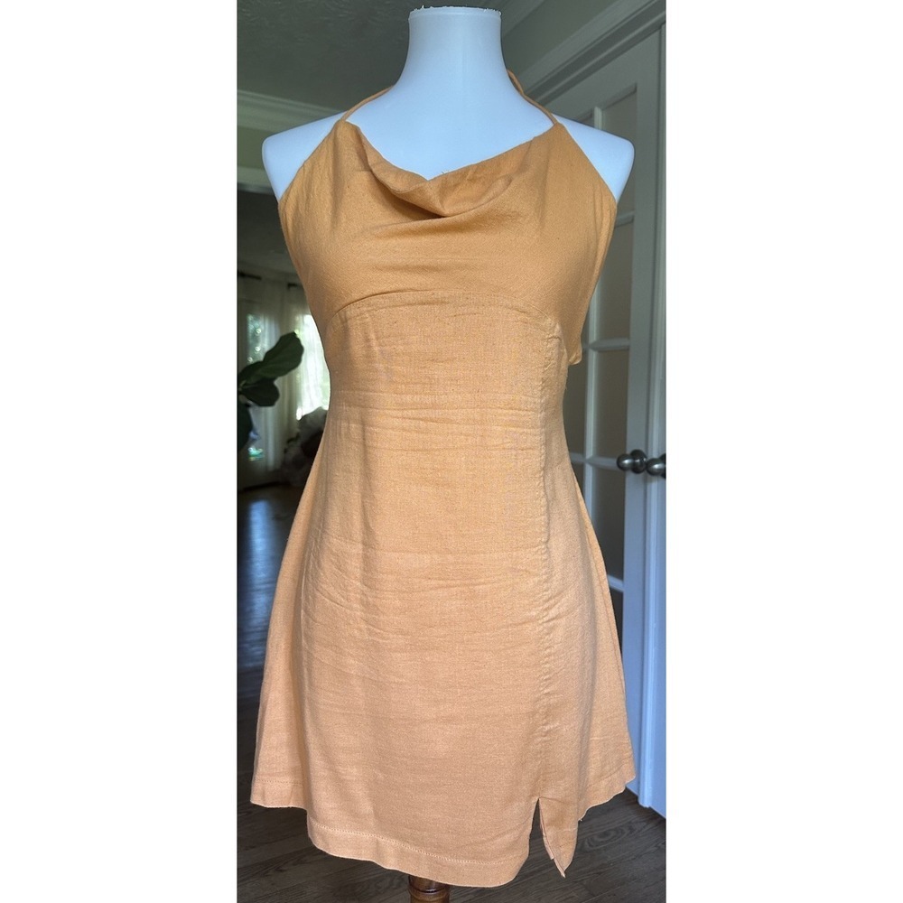 Free People Orange Halter Mini Dress Open Back Tassel Tie Small Viscose Cotton
